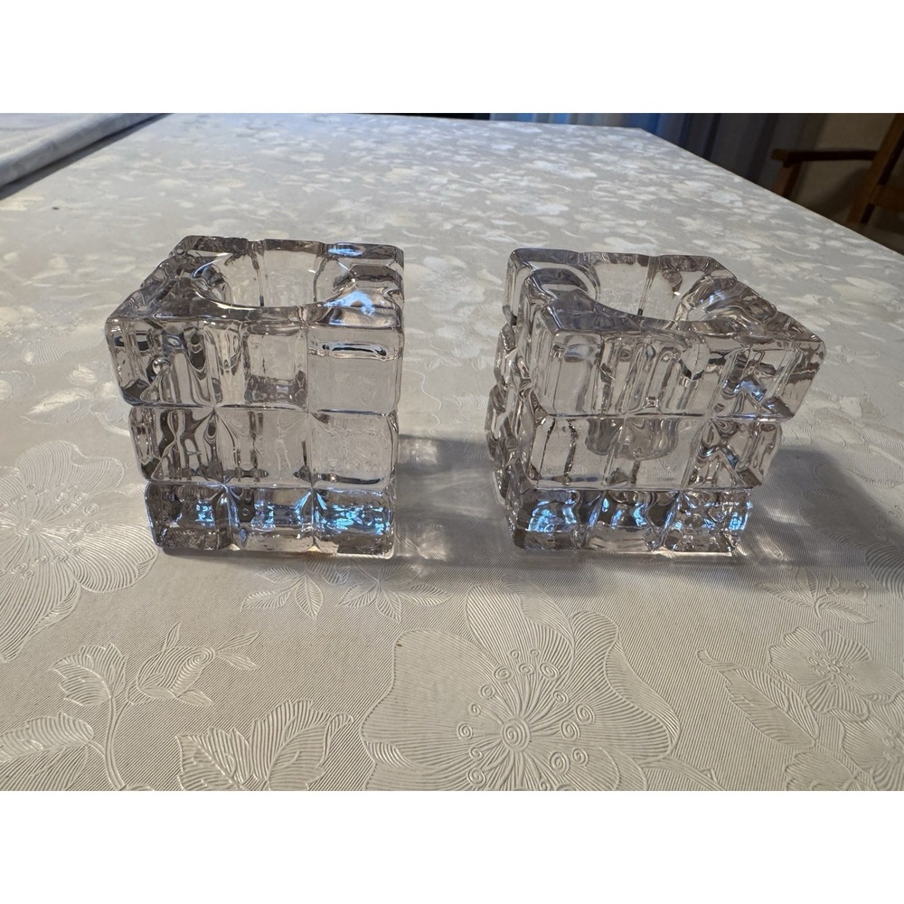 Vintage Biedermann Pair Clear Glass Cube Taper Candle Holders Ice Block Decor